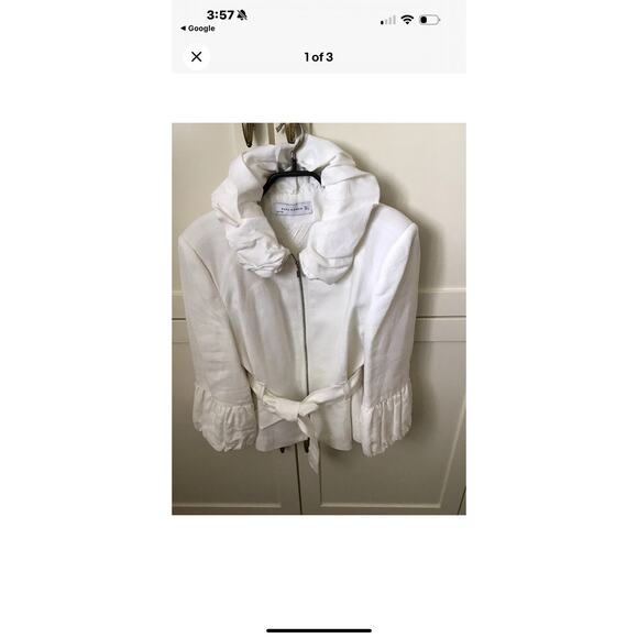 Zara White Linen Jacket Large Ruffle Collar And Cuff Tie Belt Fitted Statement - Picture 6 of 7